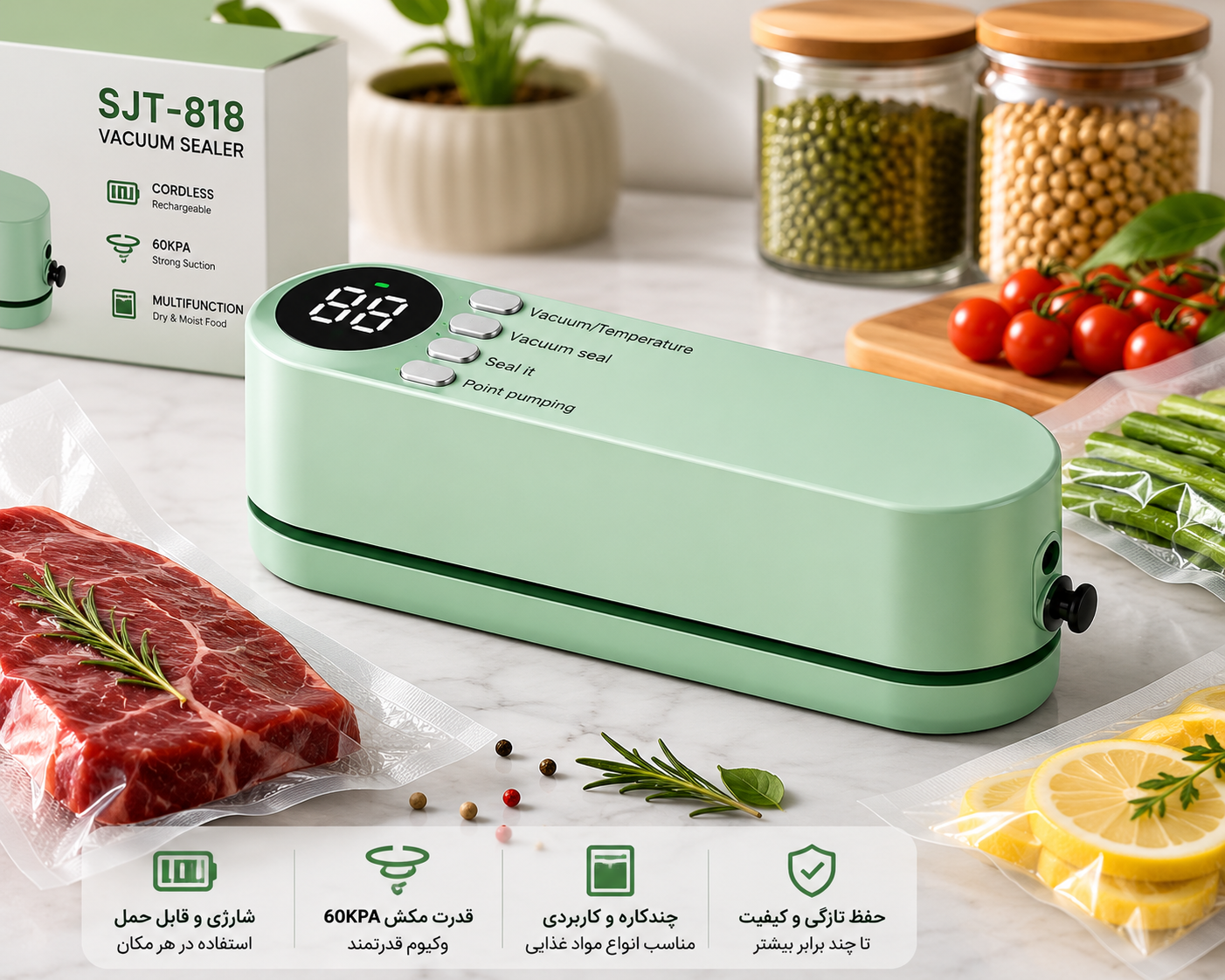 دستگاه وکیوم و پرس خانگی شارژی مدل SJT-818 | وکیوم سیلر چندکاره مواد غذایی.