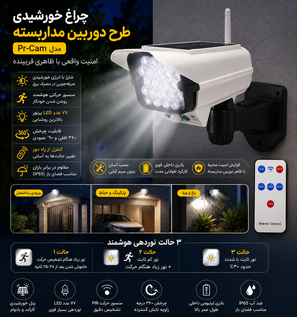 چراغ خورشیدی اورجینال طرح دوربین مداربسته مدل Pr-Cam | چراغ امنیتی سنسوردار...