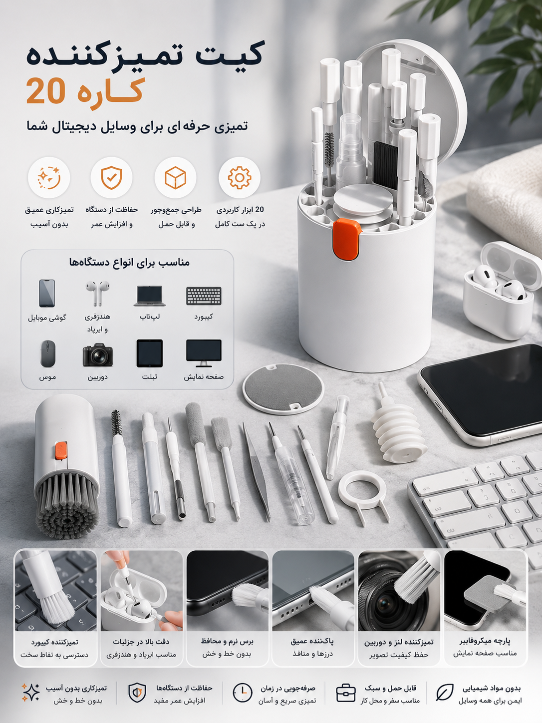 کیت تمیز کننده 20 کاره اورجینال مدل مدل multifunctional | نظافت ایرپاد، موبایل و لپ‌تاپ...