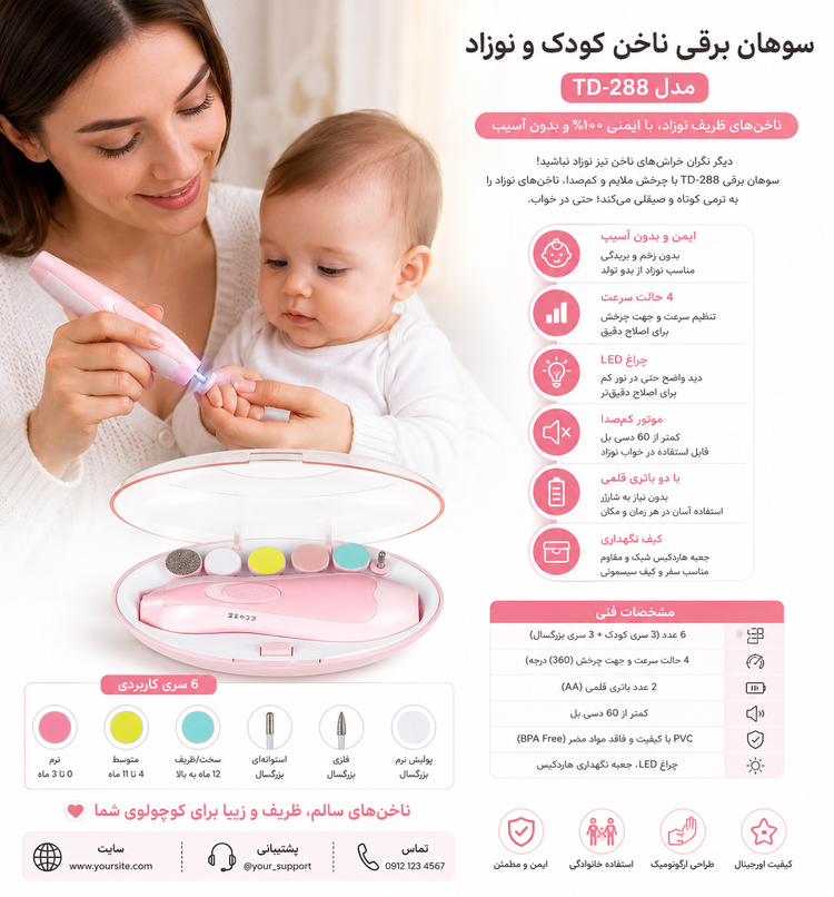 سوهان برقی ناخن کودک و نوزاد TD-288 اورجینال.