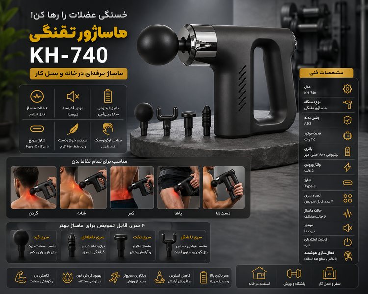 ماساژور تفنگی اورجینال مدل KH-740 ماساژ عمیق عضلات، پا و کل بدن.